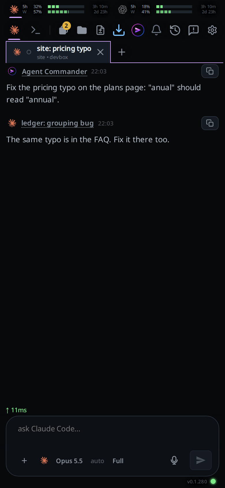 A tab's transcript with a message from the Agent Commander, under VCode's mark, and one from another tab, under that tab's agent logo and title