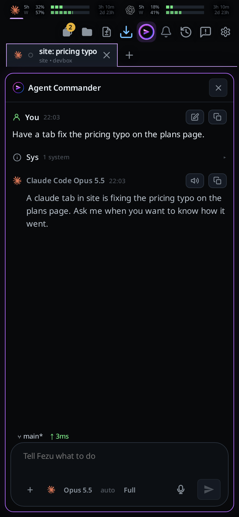 The phone with the VCode icon pressed, the project's tab still in the strip, and the Agent Commander popup below it: the request, the folded system row and the reply, and the box reading Tell VCode what to do