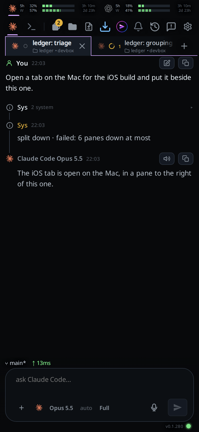 A tab's transcript after the request "Open a tab on the Mac for the iOS build and put it beside this one": three system rows reading "tab new on mac · done", "split right with ios · done" and "split down · failed: 6 panes down at most", then the agent's reply.