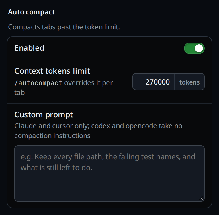 The Auto compact group in the settings sheet: the Enabled switch on, the context tokens limit at 150000 tokens, and the custom prompt box.