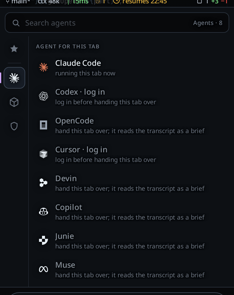 The agent menu with Devin in its list under Claude Code, Codex, OpenCode and Cursor, with its mark and the line saying what picking it does.