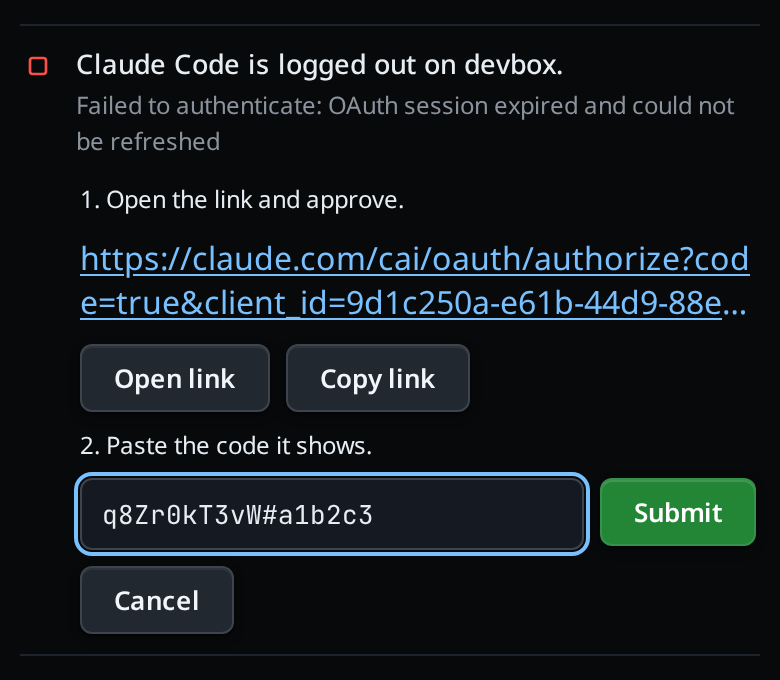 The Claude steps in the fault line: the link cut to two lines, Open link and Copy link, "2. Paste the code it shows.", the field with a pasted code, Submit and Cancel