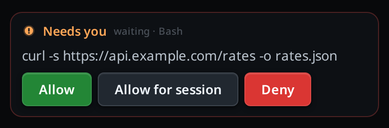 The approval card: Needs you beside the orange waiting glyph, waiting · Bash, the curl command as its body, and the Allow, Allow for session and Deny buttons.