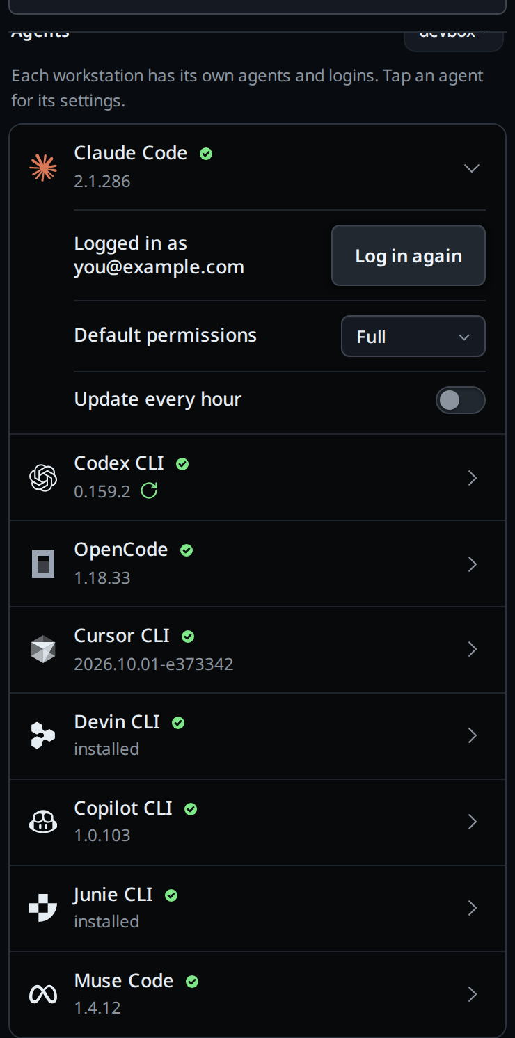 The Agents card with Claude Code open: Logged in, Default permissions set to Full, and Update every hour.