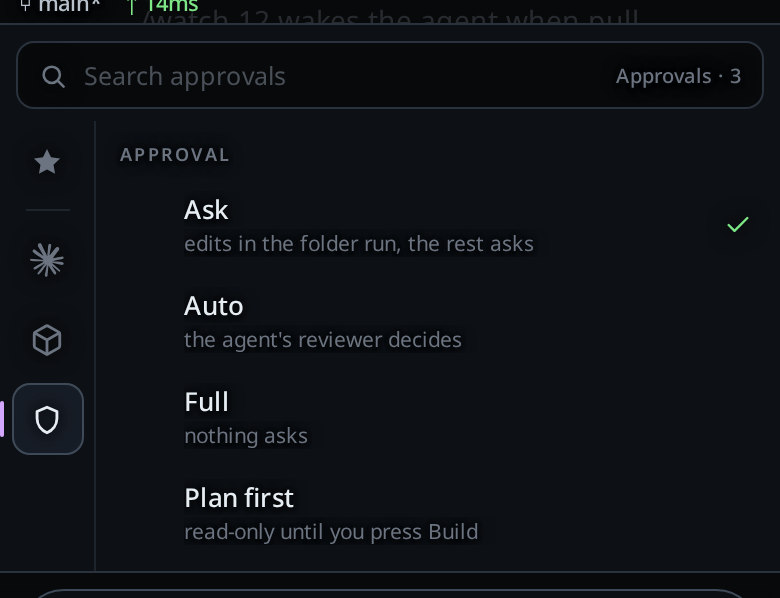 The level menu: Ask ticked and in use, Auto, Full, and the Plan first row reading read-only until you press Build.