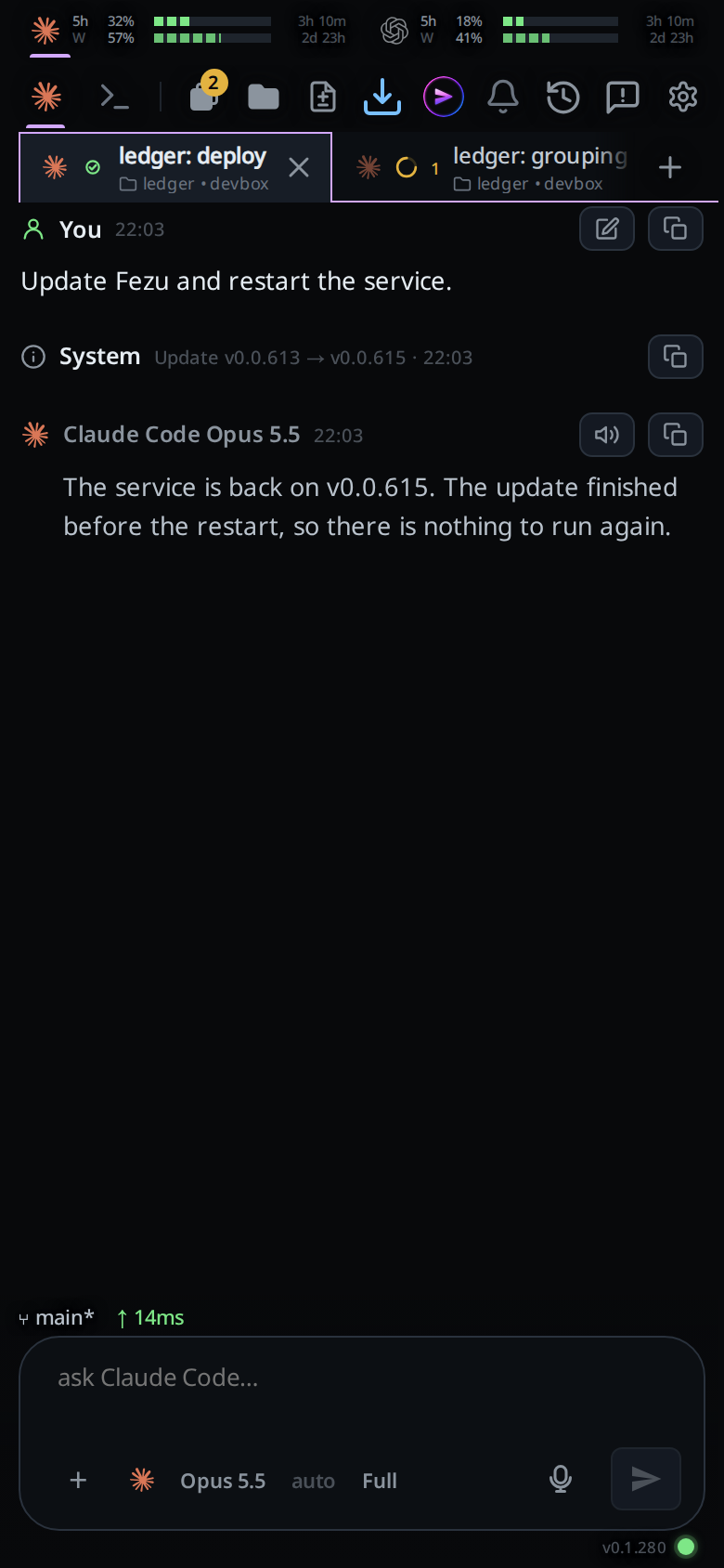 A tab after an update: the user's message, a System card reading "Update v0.0.613 → v0.0.615", and the agent carrying on.