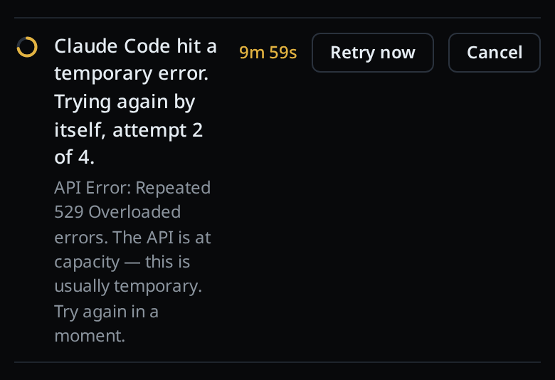 The line close up: the sentence with the attempt, the provider's words, the countdown, Retry now and Cancel