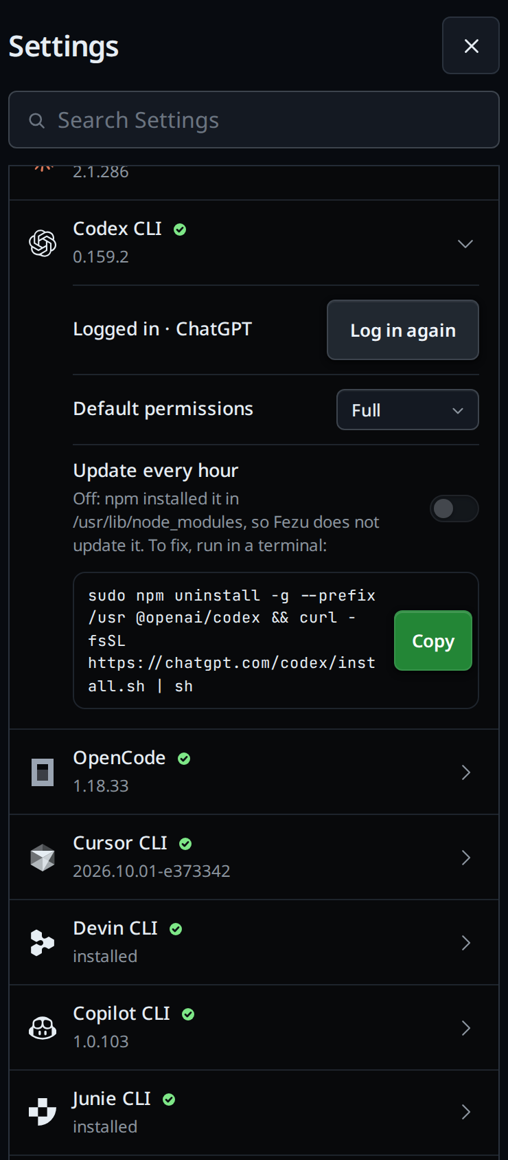 The Agents card with Codex CLI open: Update every hour off and greyed, the note saying npm installed it, the command to run, and Copy