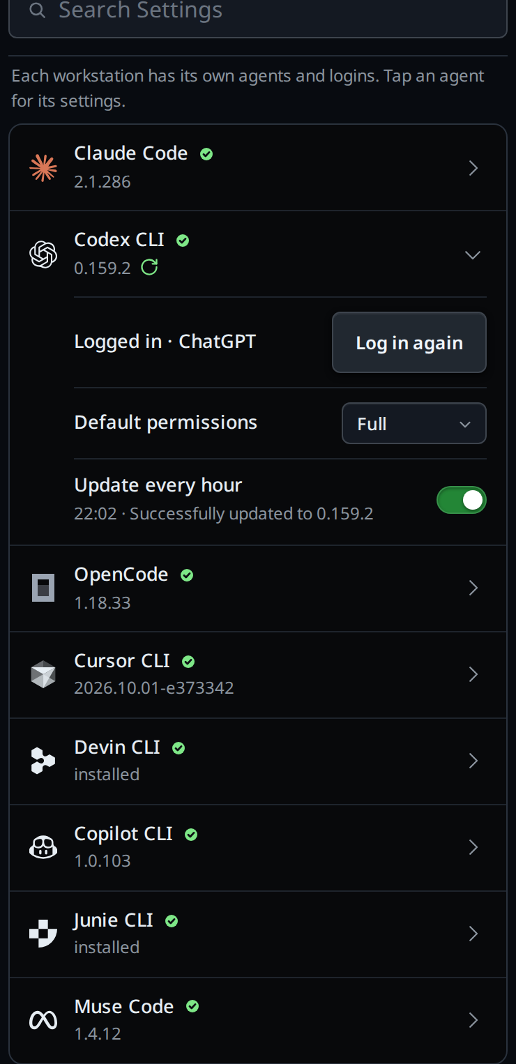 The Agents card with Codex CLI open: its version with the green update mark beside it, Logged in · ChatGPT with Log in again, and Update every hour on with its last run