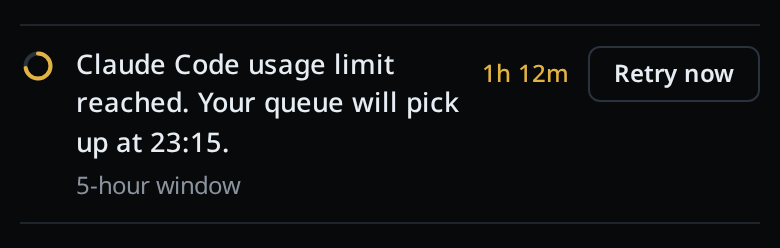 The usage line in the transcript: the amber ring, the sentence naming the agent and the time, the grey detail, the countdown and Retry now.