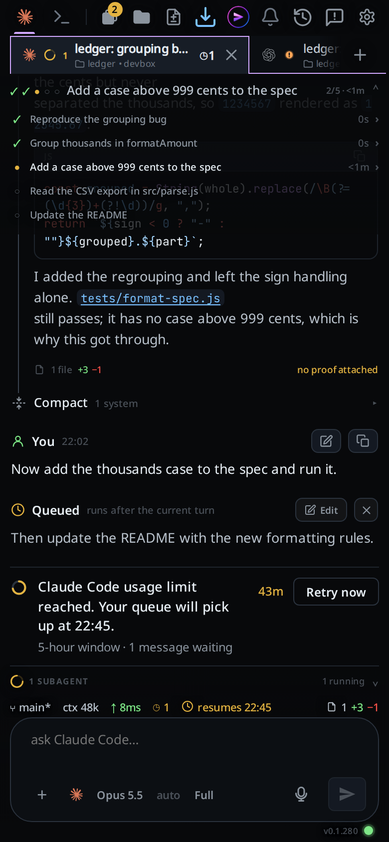 The plan strip expanded over the transcript: five steps, two ticked, one running and two still to do, with the summary line above them reading 2/5.
