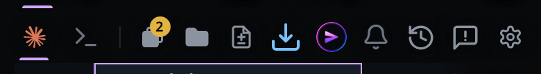 The mode strip close up: the agent's starburst, selected and underlined, then the terminal glyph, then the divider, the tabs button and the folder.