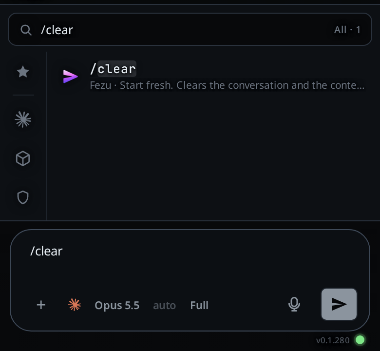 The slash menu showing one match, /clear, with its description, above the box holding /clear.