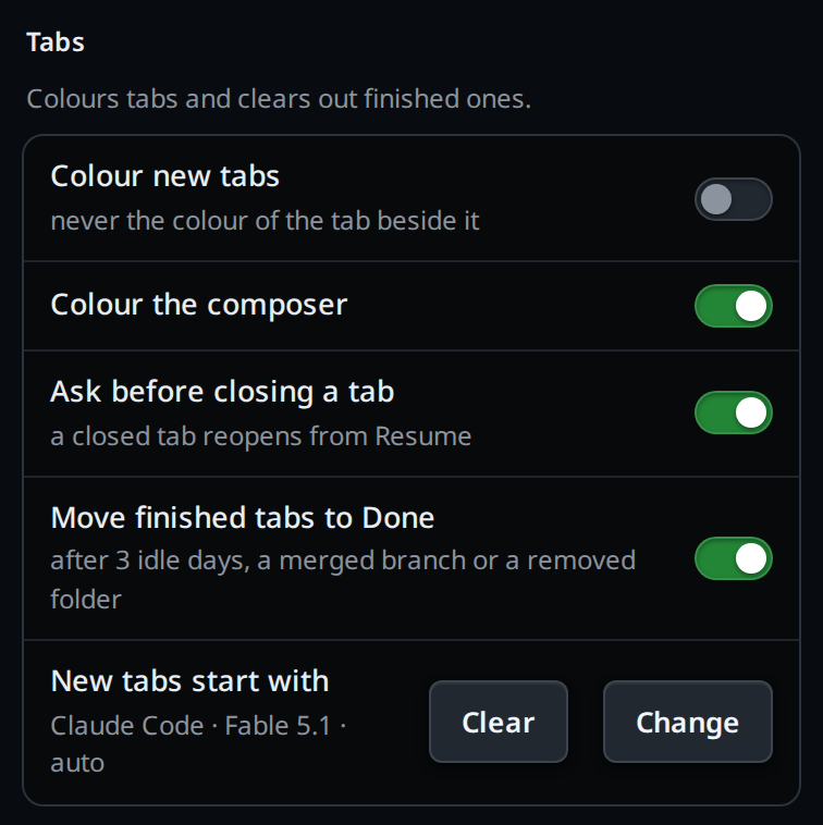 The cog's Tabs group with New tabs start with: Claude Code · Fable 5.1 · auto, and Clear and Change buttons