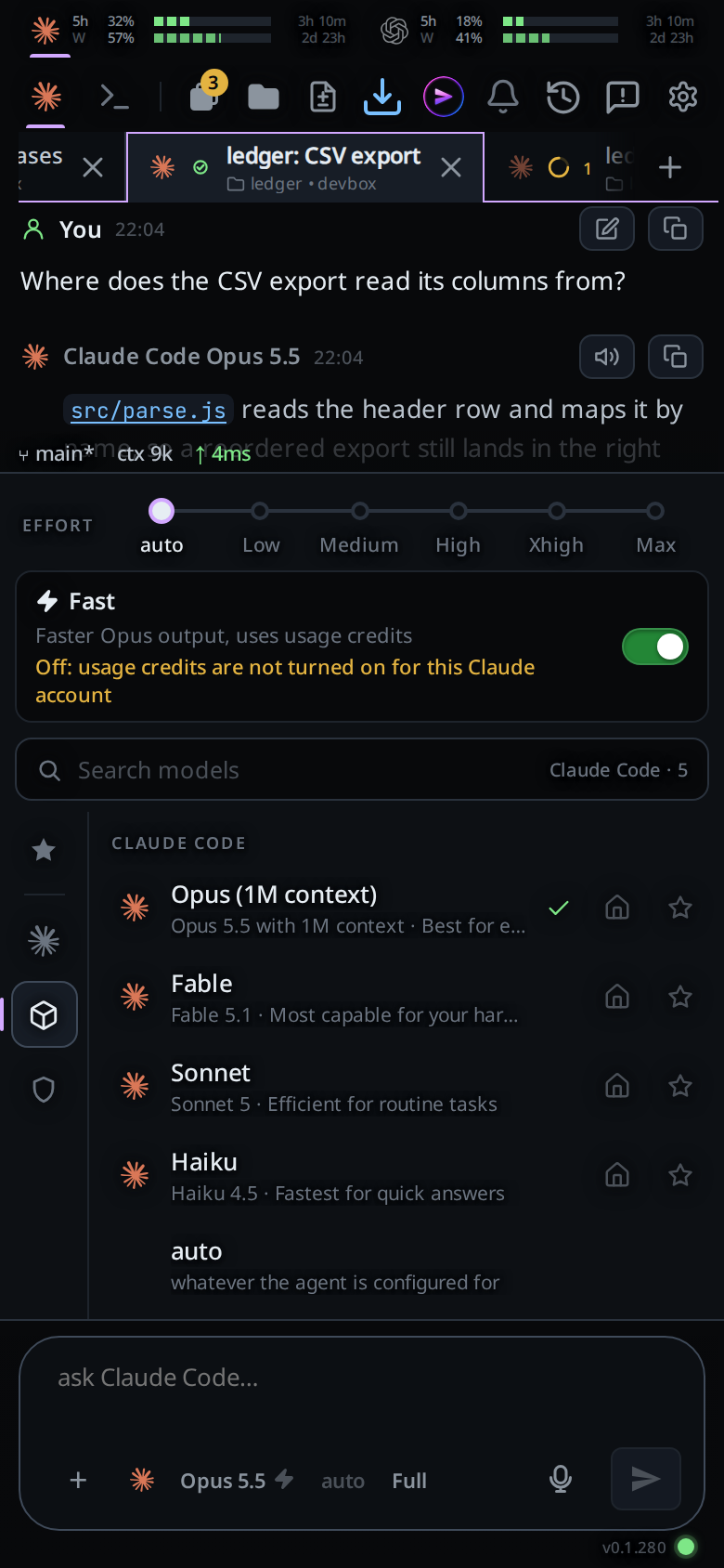 The Fast row on, with the amber line saying usage credits are not turned on for this Claude account, and a grey bolt on the model button.