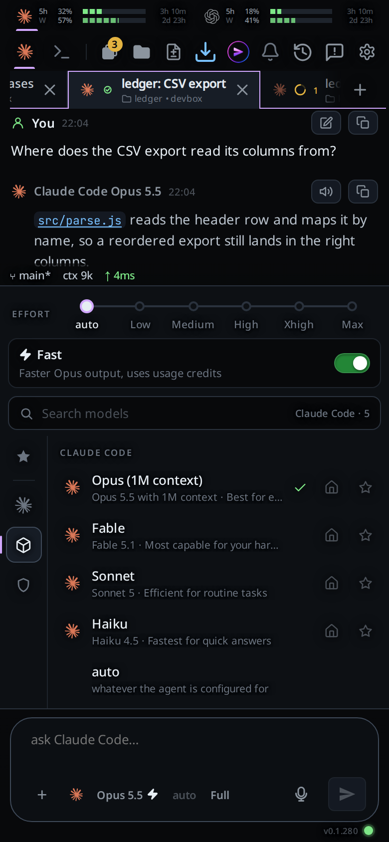 The Fast row under the Effort slider, switched on, with the model's note under the title.