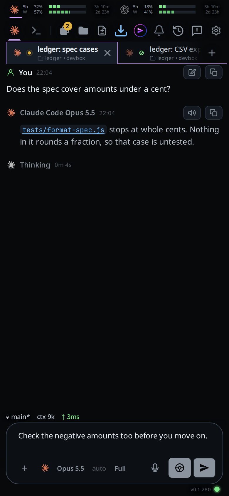 The same tab after edit: the queued card is gone and its text is back in the composer.