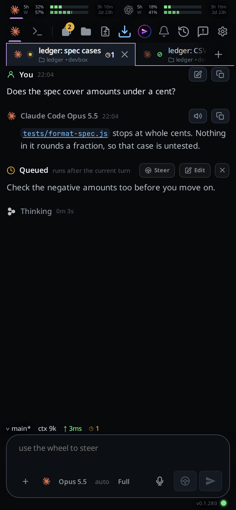 The queued card under the last reply, with steer, edit and × on its head row, while the turn below it still runs.