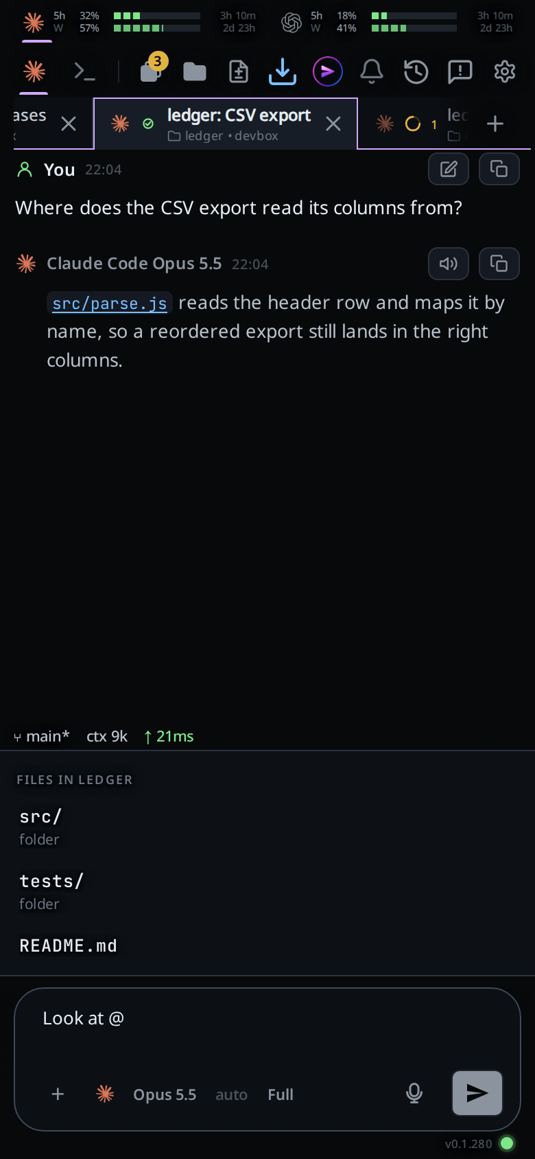 The file list open above the composer: Files in ledger, then src/ and tests/ marked folder, then README.md.