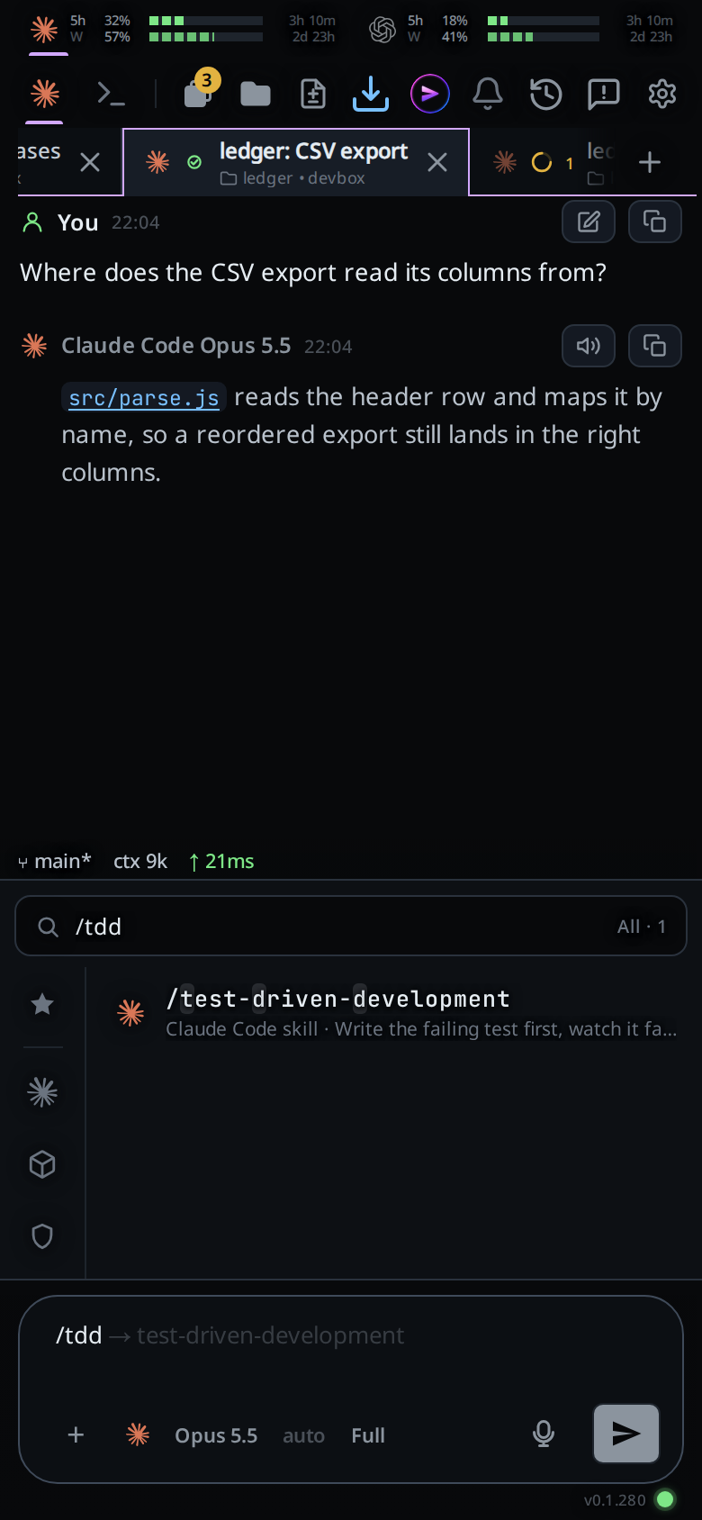 The panel filtered to one row by /tdd, with the matched letters highlighted and the search bar reading All · 1.