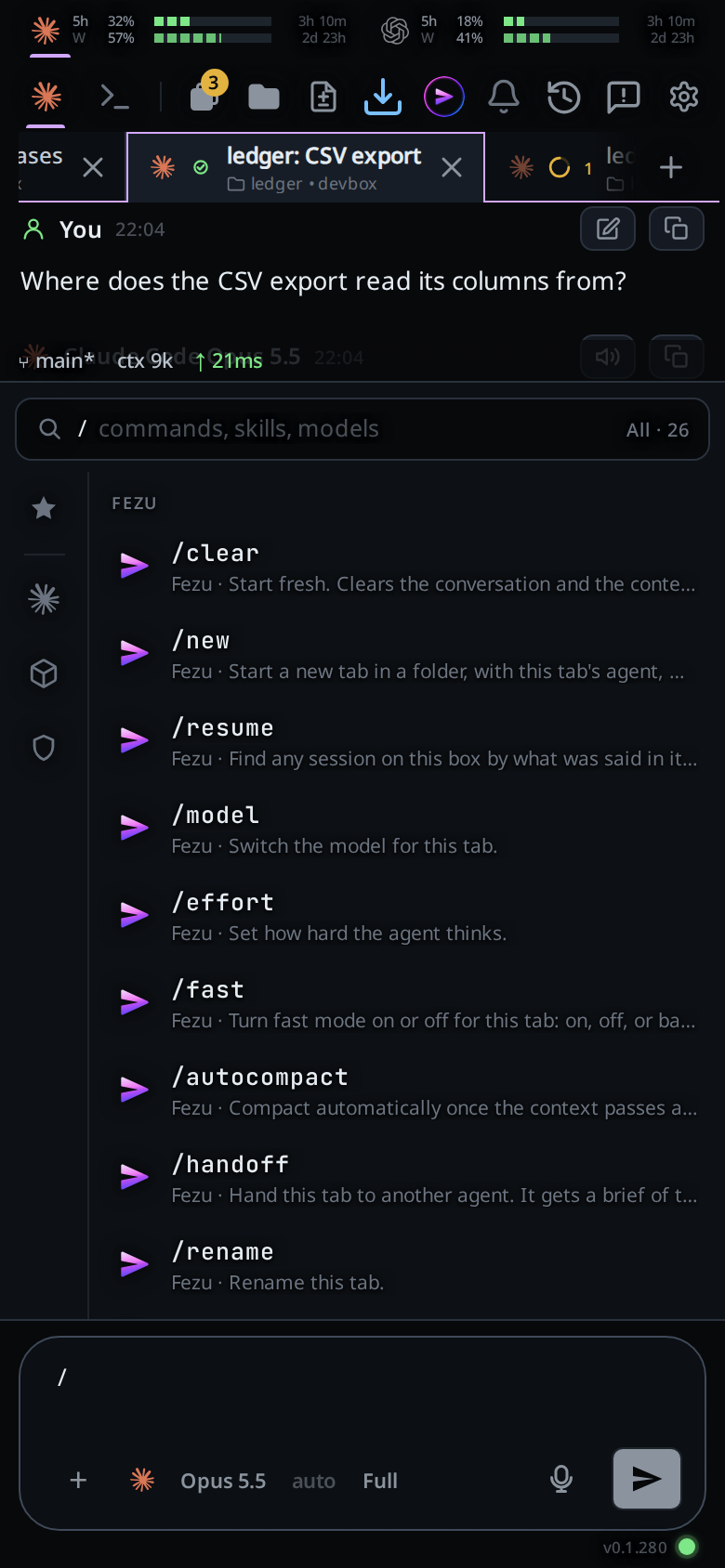 The slash panel open above the composer: the search bar reading / commands, skills, models and All · 16, the rail down the left, and the VCode group listing /clear, /new, /resume, /model, /effort and more.