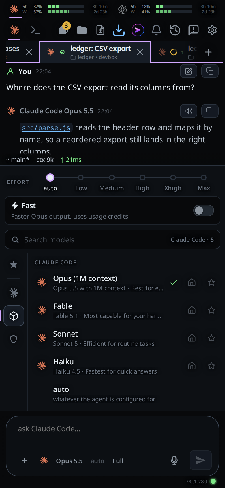 The panel open above the composer on the Models slot, with the Effort slider and the Fast switch over the search bar and Opus (1M context), Fable, Sonnet, Haiku and auto, each with the note its CLI gives, a green tick on Opus and a house and a star on every model but auto.