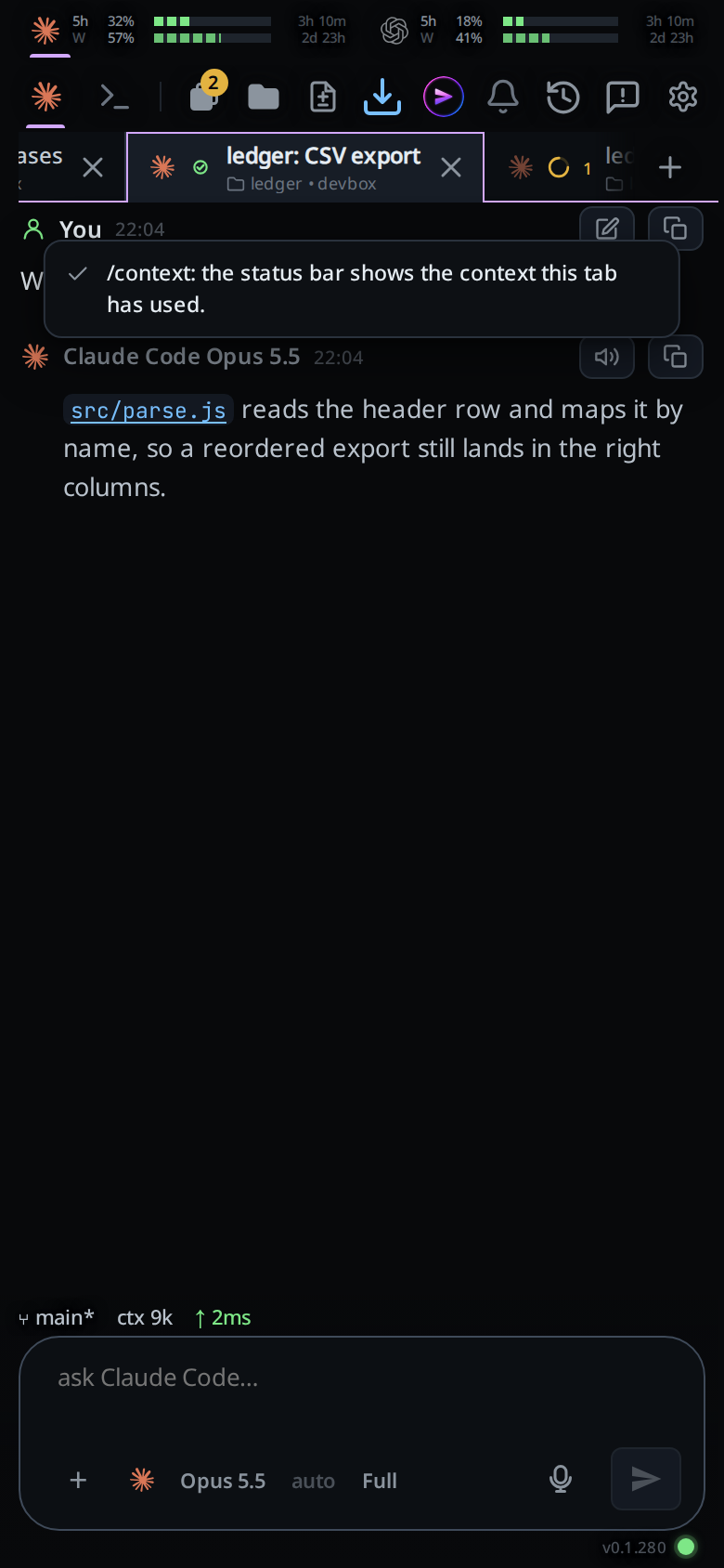 A toast over the transcript reading "/context: the status bar shows the context this tab has used."