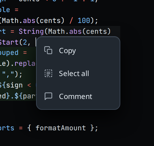 The menu open over line 6 of the editor: Copy, Select all and Comment