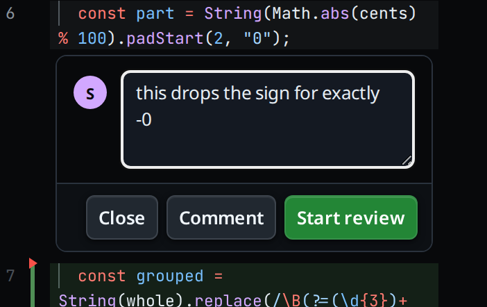 The comment box open under line 6, holding a sentence, with close, comment and start review under it