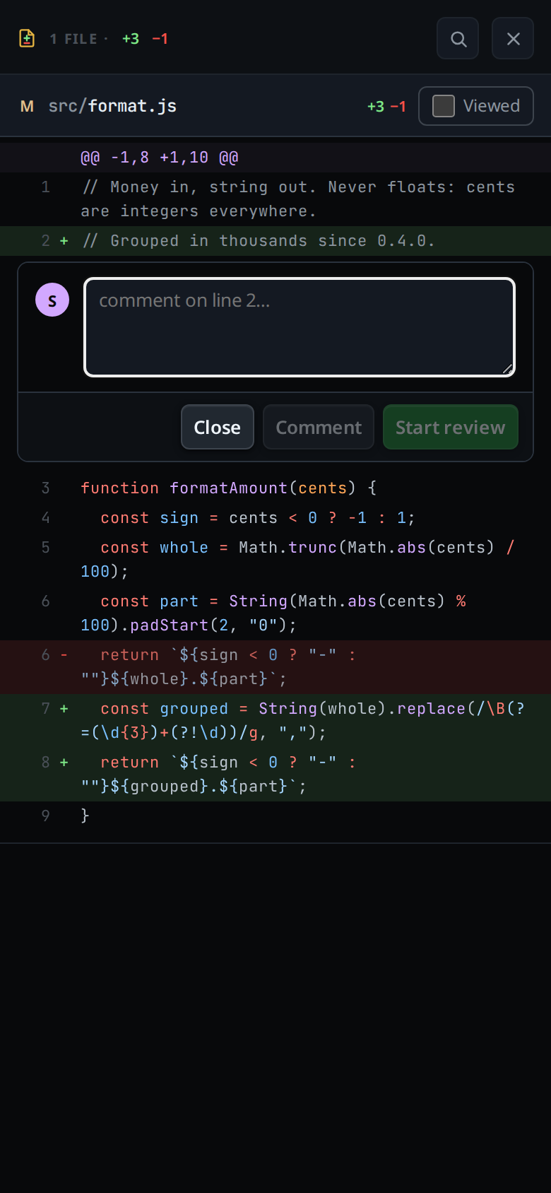 The comment box open under line 2 of the diff, with Close, Comment and Start review