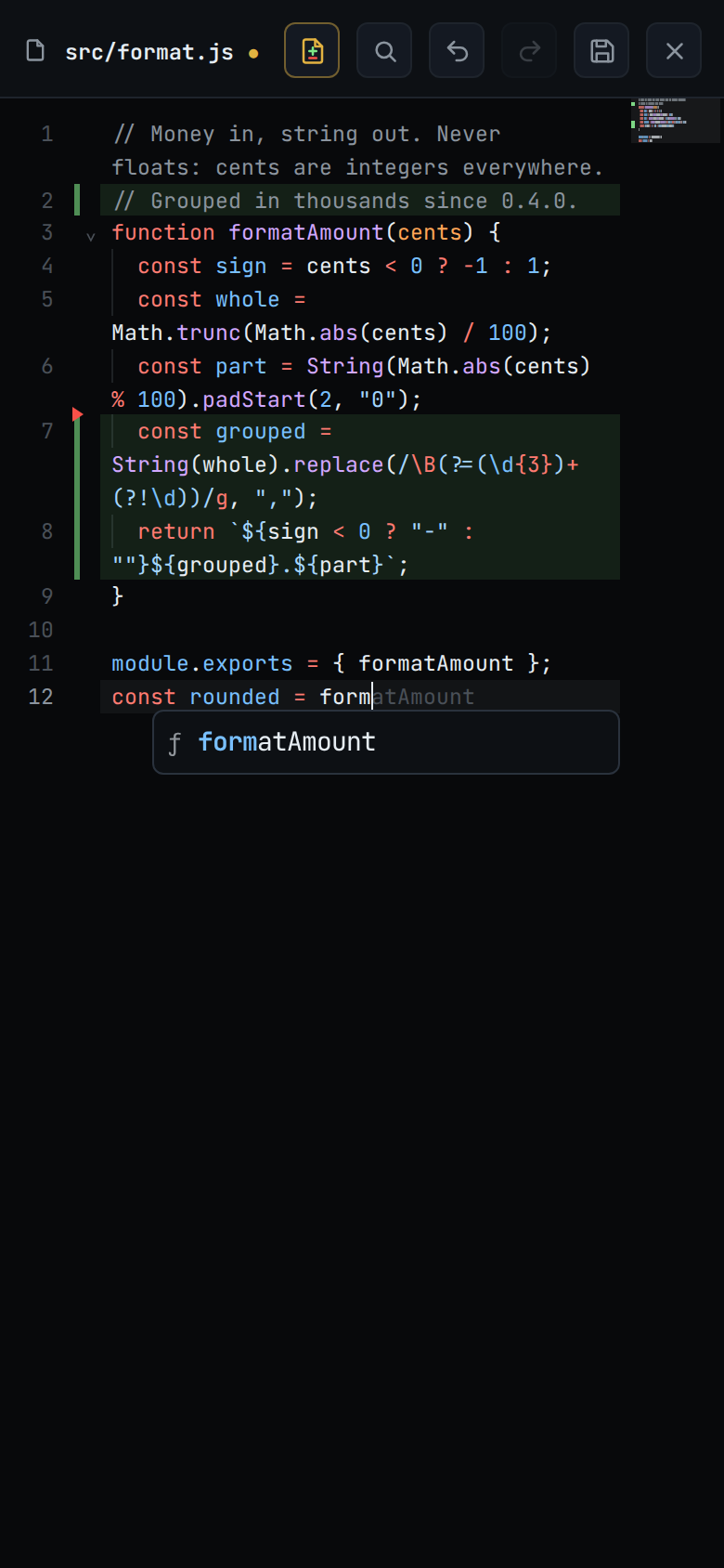 The editor on a phone: const rounded = form typed on the last line, atAmount in grey after the cursor, and under it one suggestion, formatAmount, with nothing selected