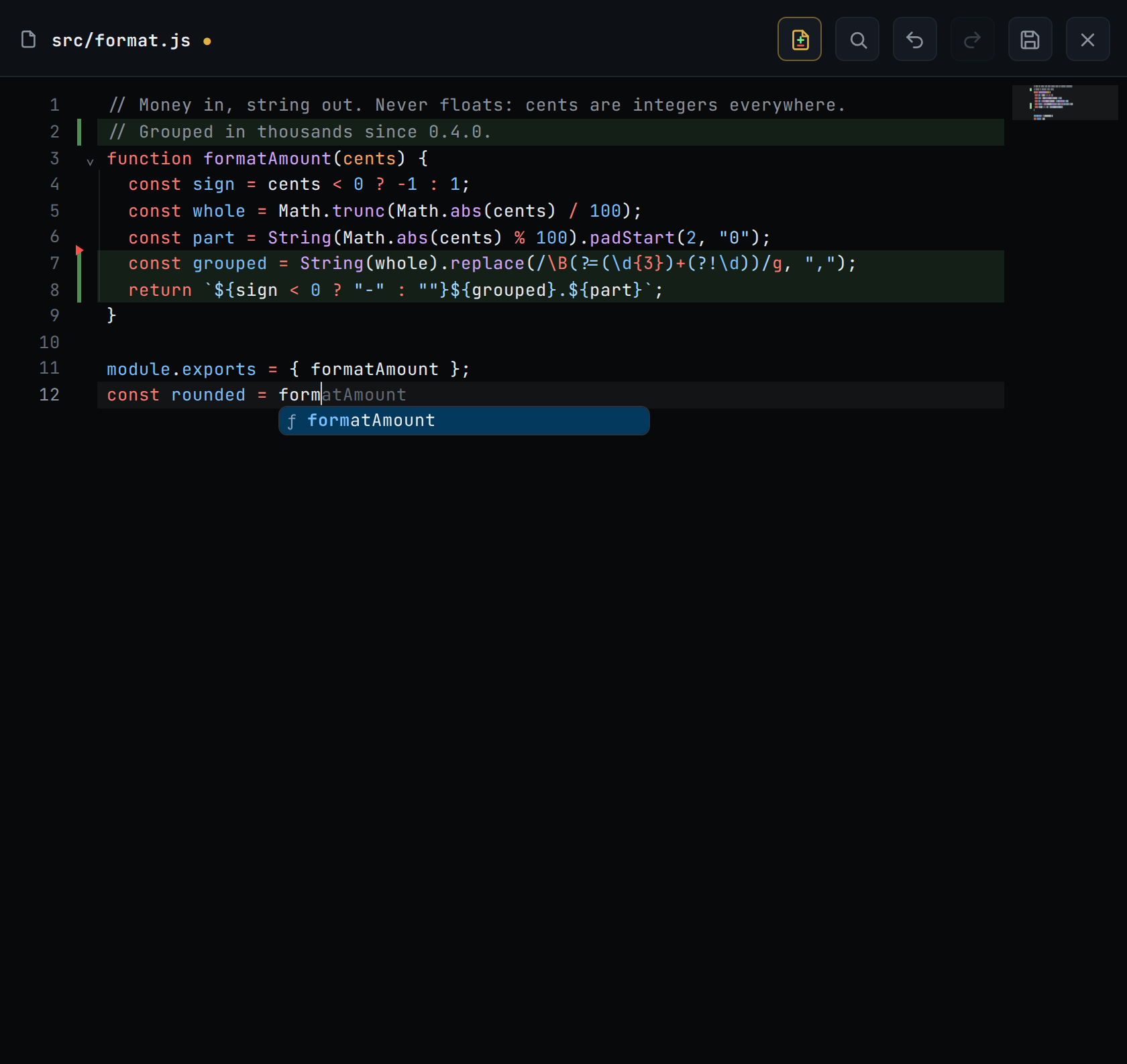 The editor on a desktop: const rounded = form typed on the last line, atAmount in grey after the cursor, and the list under it with formatAmount selected