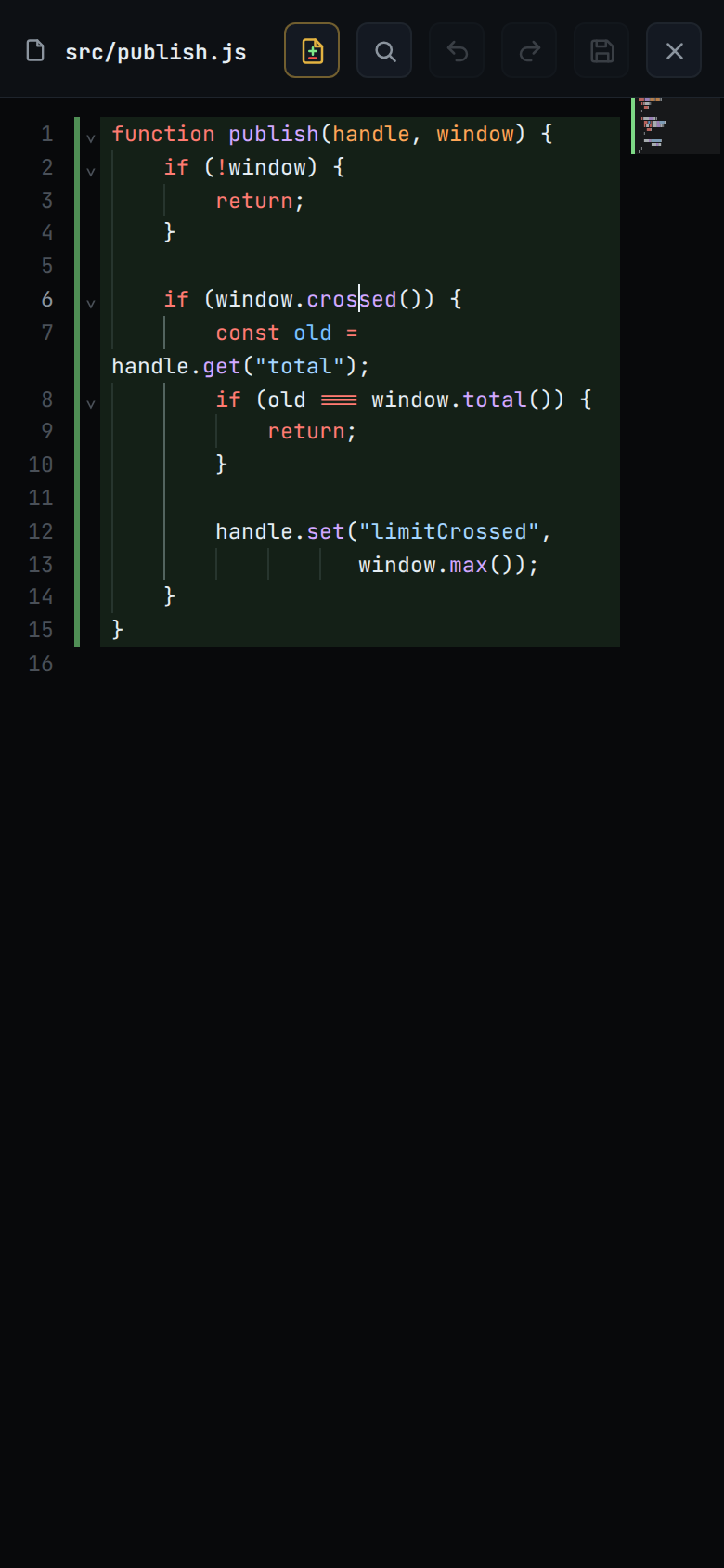 src/publish.js in the editor with a guide at each indent stop; the cursor is on the line opening the second if, and that block's guide is lit