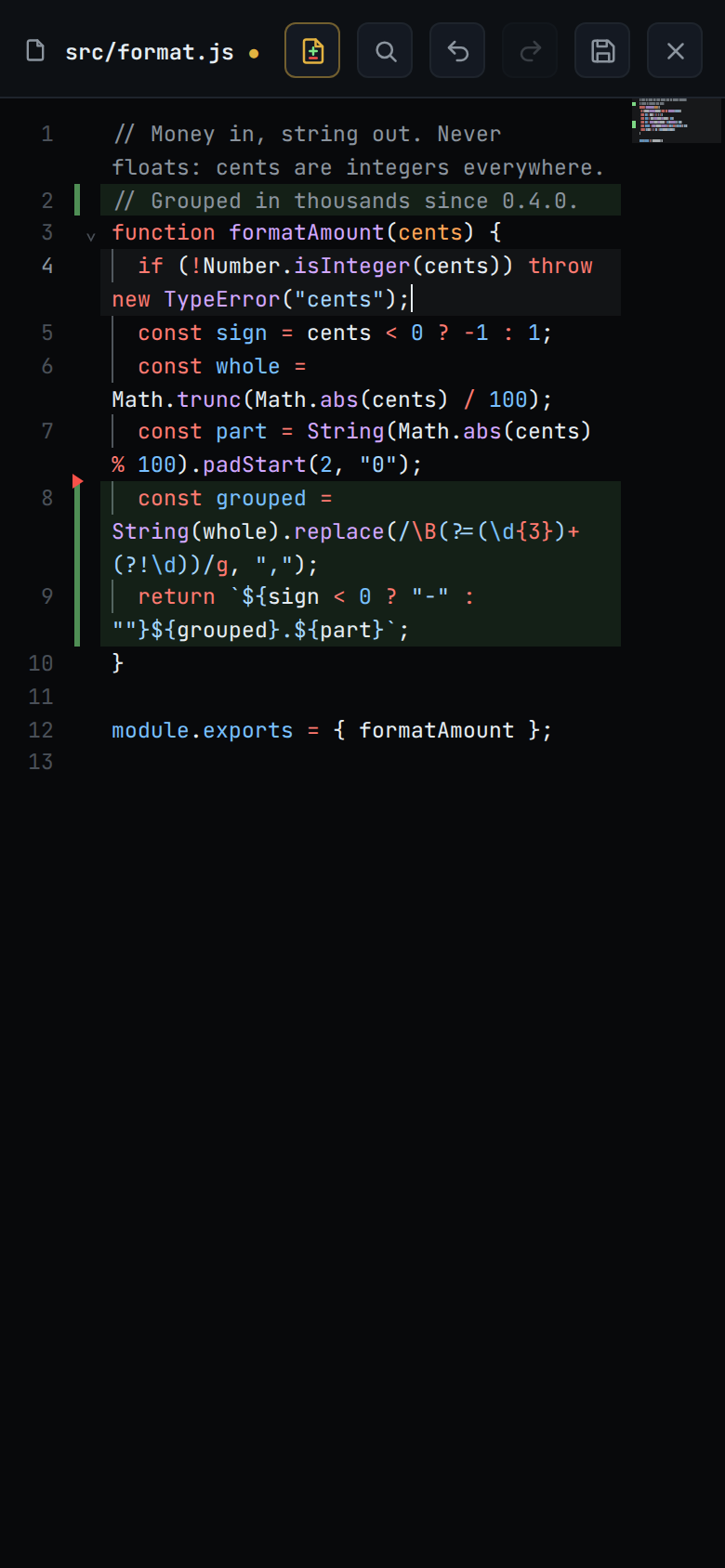 A JavaScript file in the editor: Undo, Redo and the save button in the head, a dot after the path for unsaved edits, and the edited line under the cursor