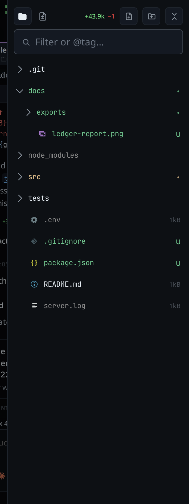 The explorer on a phone: docs in green with a dot, an untracked PNG with U, src in amber with a dot, node_modules, .env and server.log in grey
