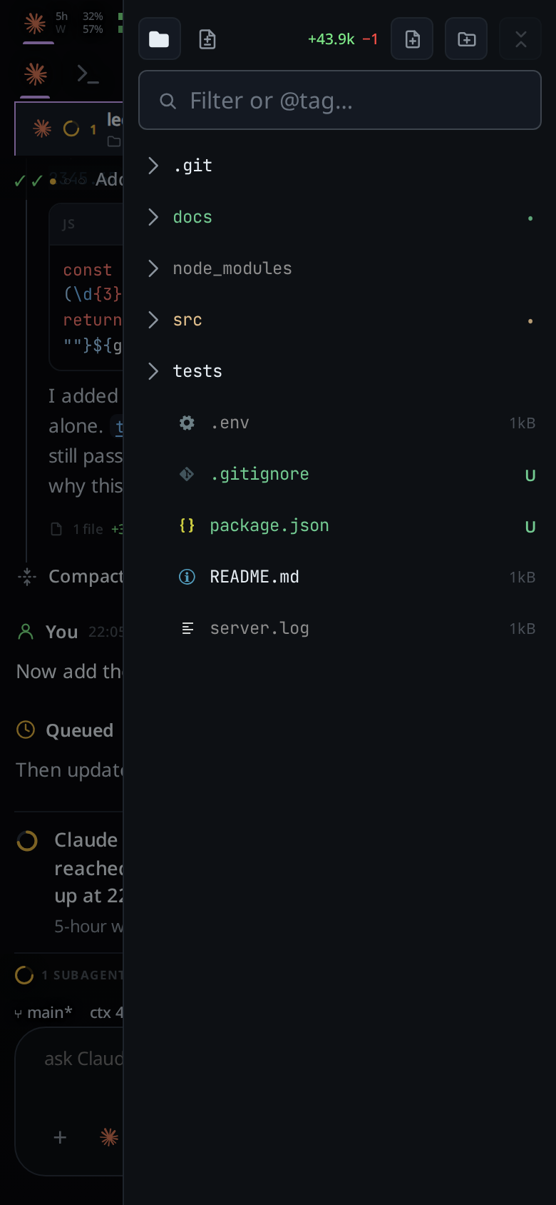 The explorer open over the thread, with the Files and Changes tabs in the head, the filter box and the top level of the tree