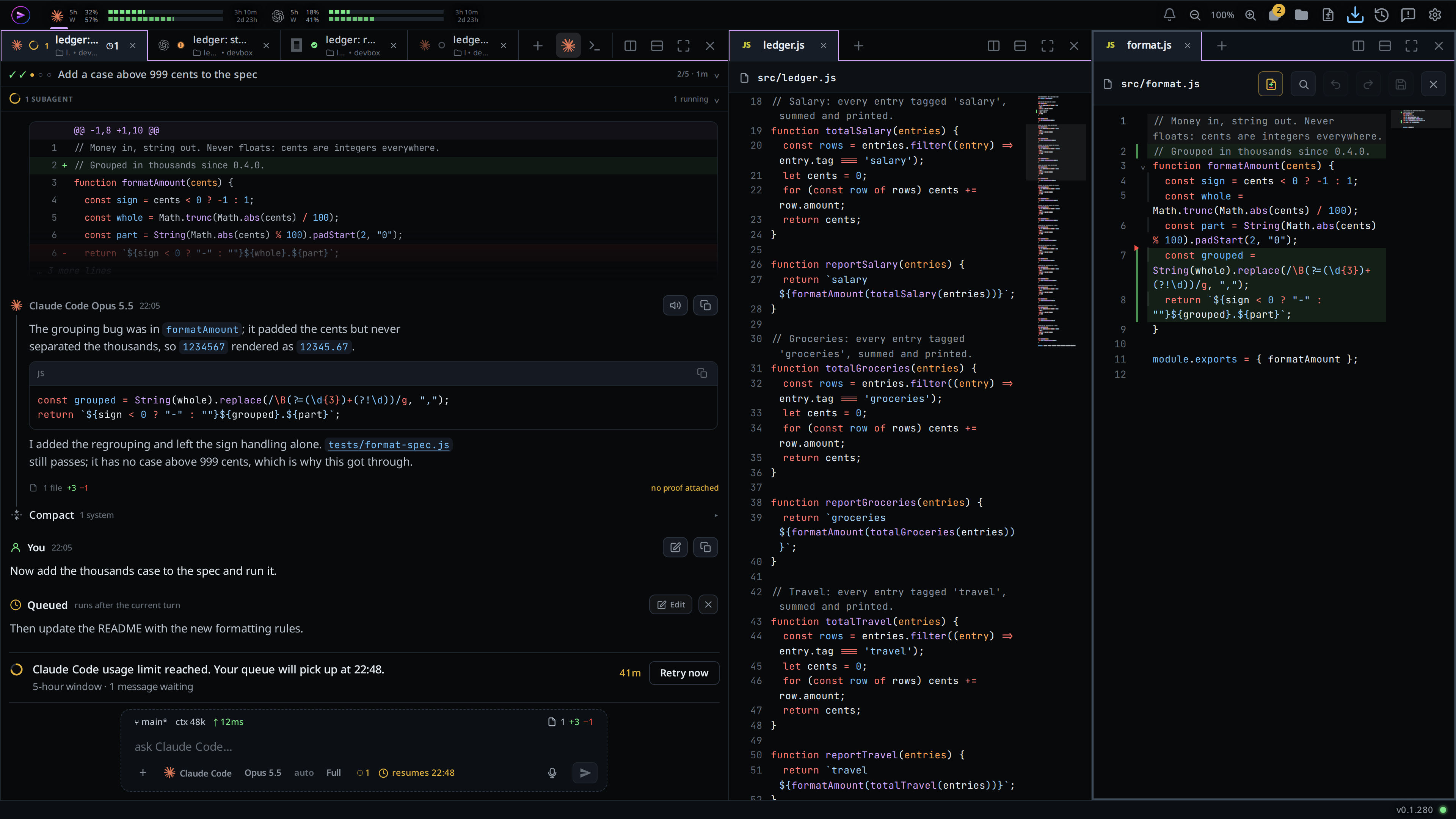 Two panes beside a thread: a JavaScript file in the middle pane and a test file in the right pane, each with a minimap beside its text