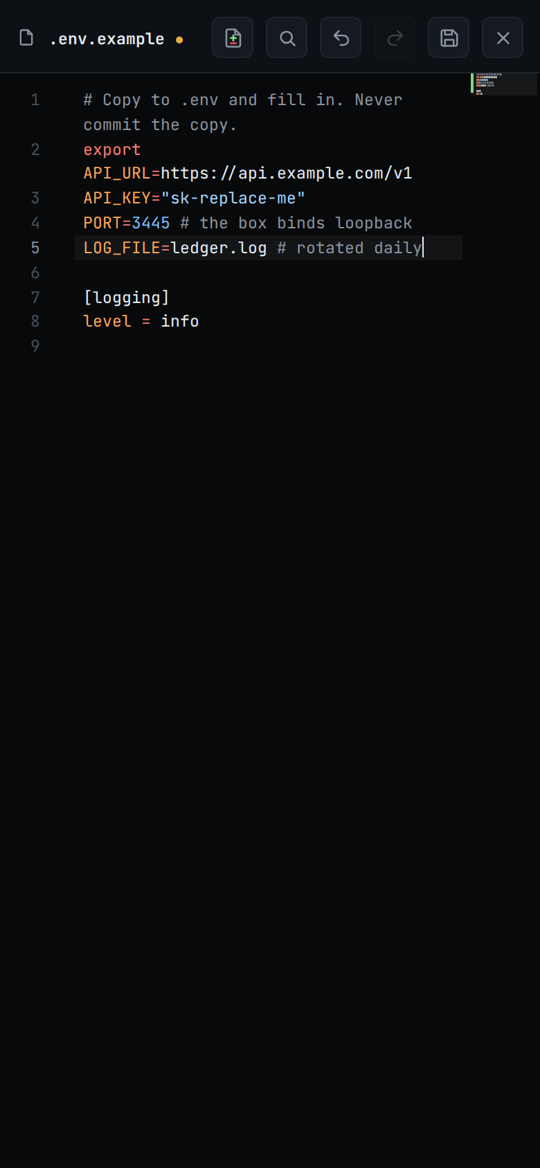 A .env.example file in the editor with a new line typed under PORT, its name, value and comment coloured as the lines around it