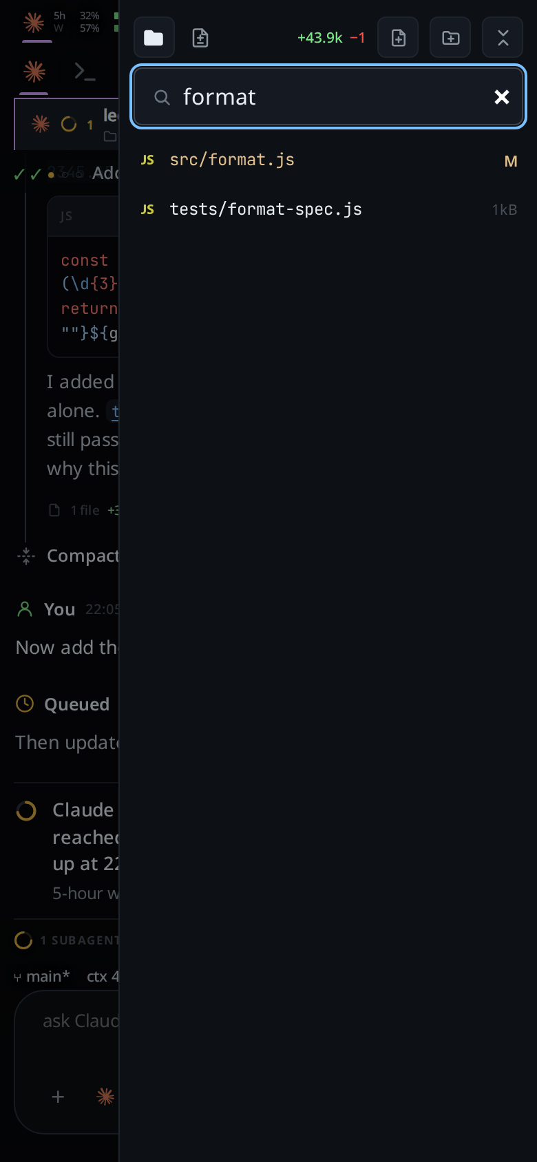 The filter holding the word format, with two matches listed by their whole path instead of the tree