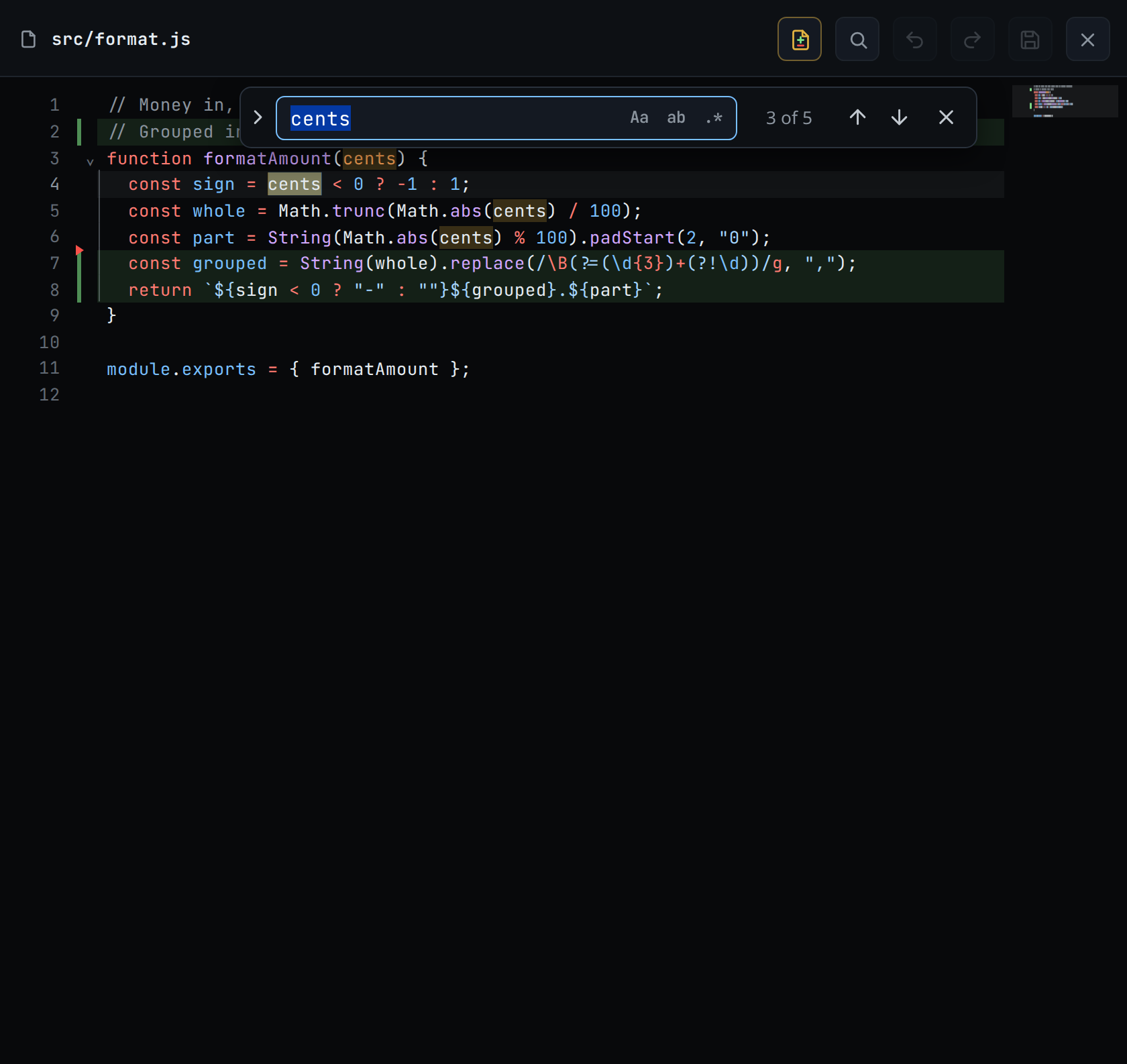 The find widget floating at the top right of the editor on a desktop