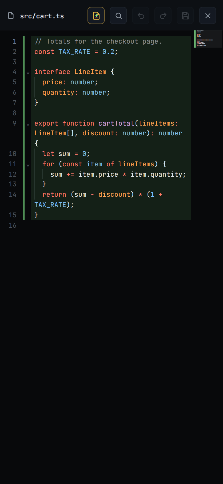 A TypeScript file in the editor with the server's colours: the parameters lineItems and discount orange in the function body