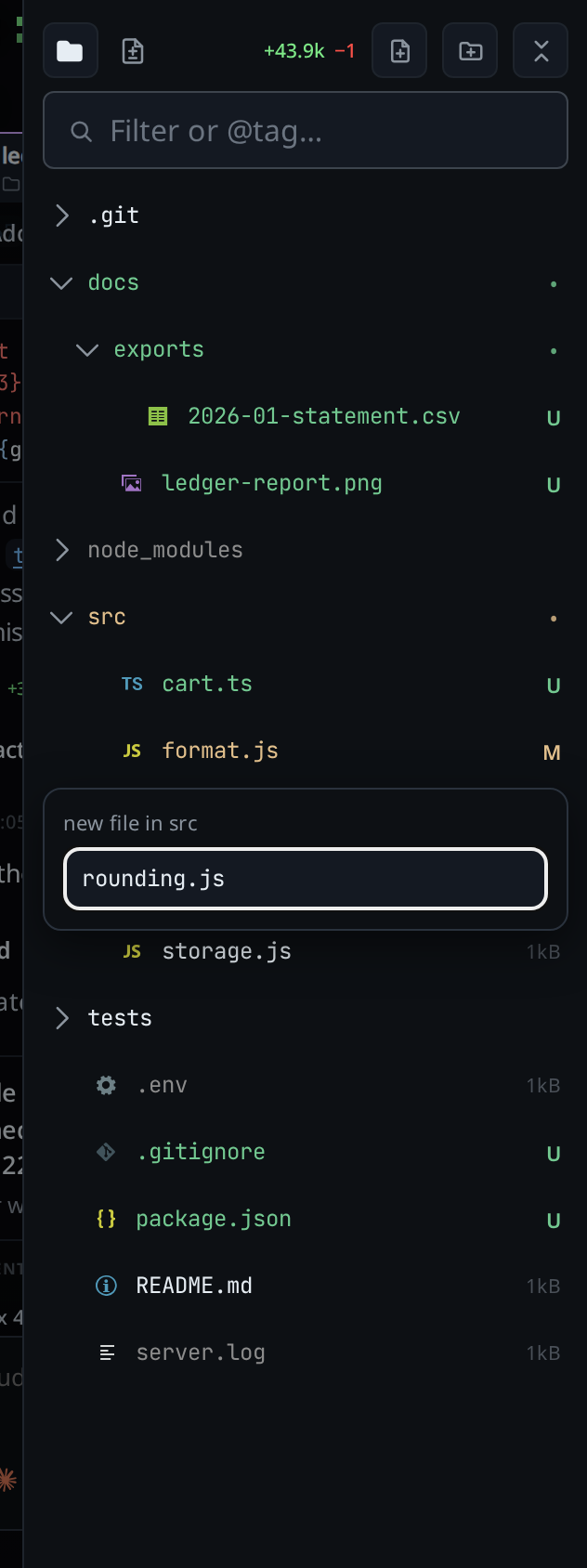 The name box in the menu, headed new file in src, holding a file name