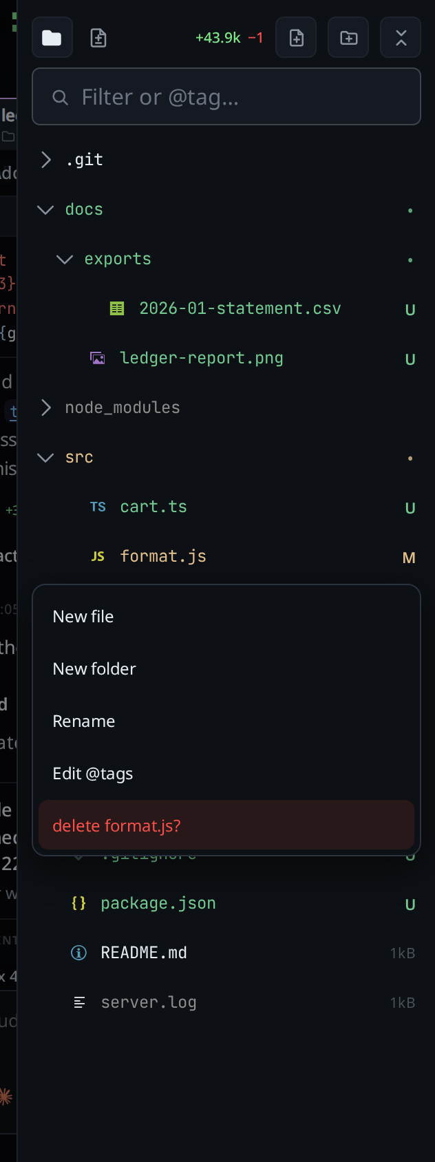 The menu with Delete armed: the item red, reading delete format.js?