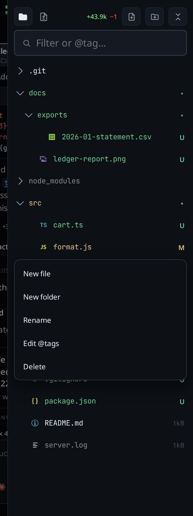 The row menu open under src/format.js: New file, New folder, Rename and Delete