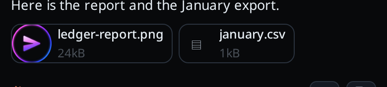 Two chips under a sent message: a PNG with a thumbnail, and a CSV with a glyph, each with its name and size