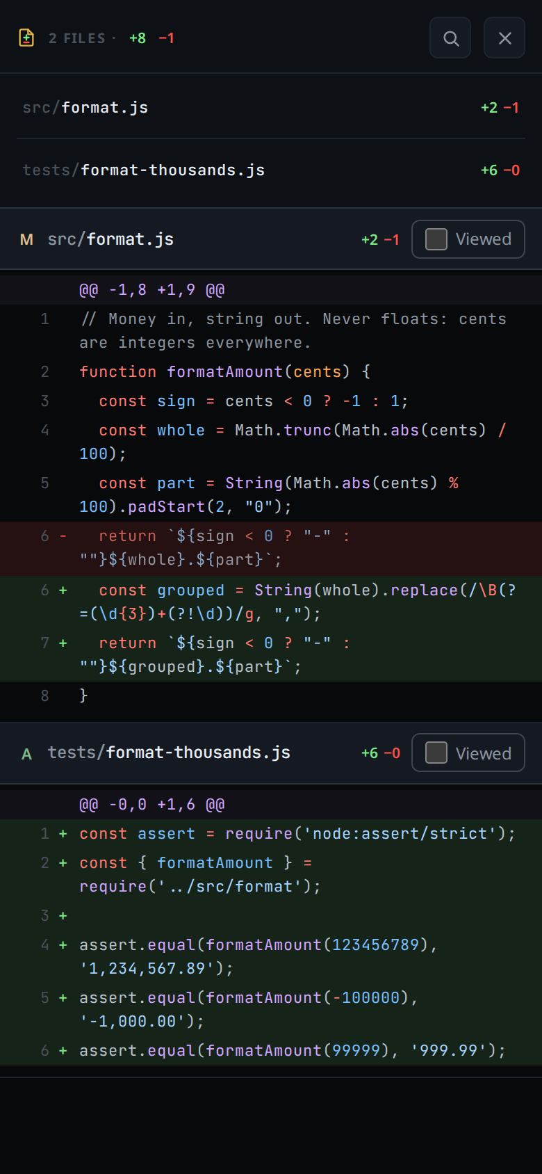 The diff sheet opened from the proof: 3 FILES · +8 −1 in the head, the three files listed, then src/format.js with its hunk and the added test file below it