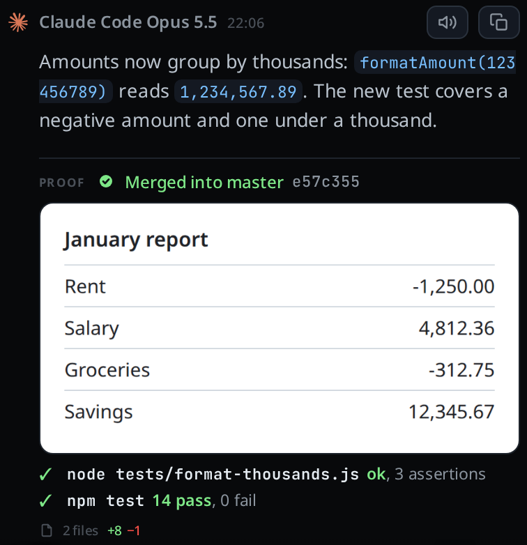 A reply with the Proof section under it: the PROOF label beside a green tick, Merged into master and e57c355, a screenshot of the January report with amounts grouped in thousands, two check lines marked with green ticks, then 3 files +8 −1