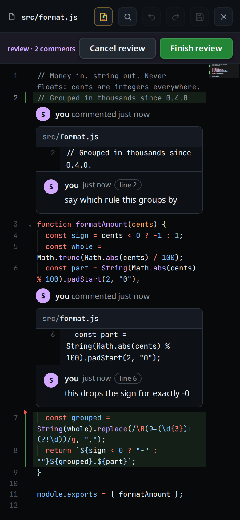 Two comments in one file: the bar at the top of the viewer, and each comment as a review card under the line it is about