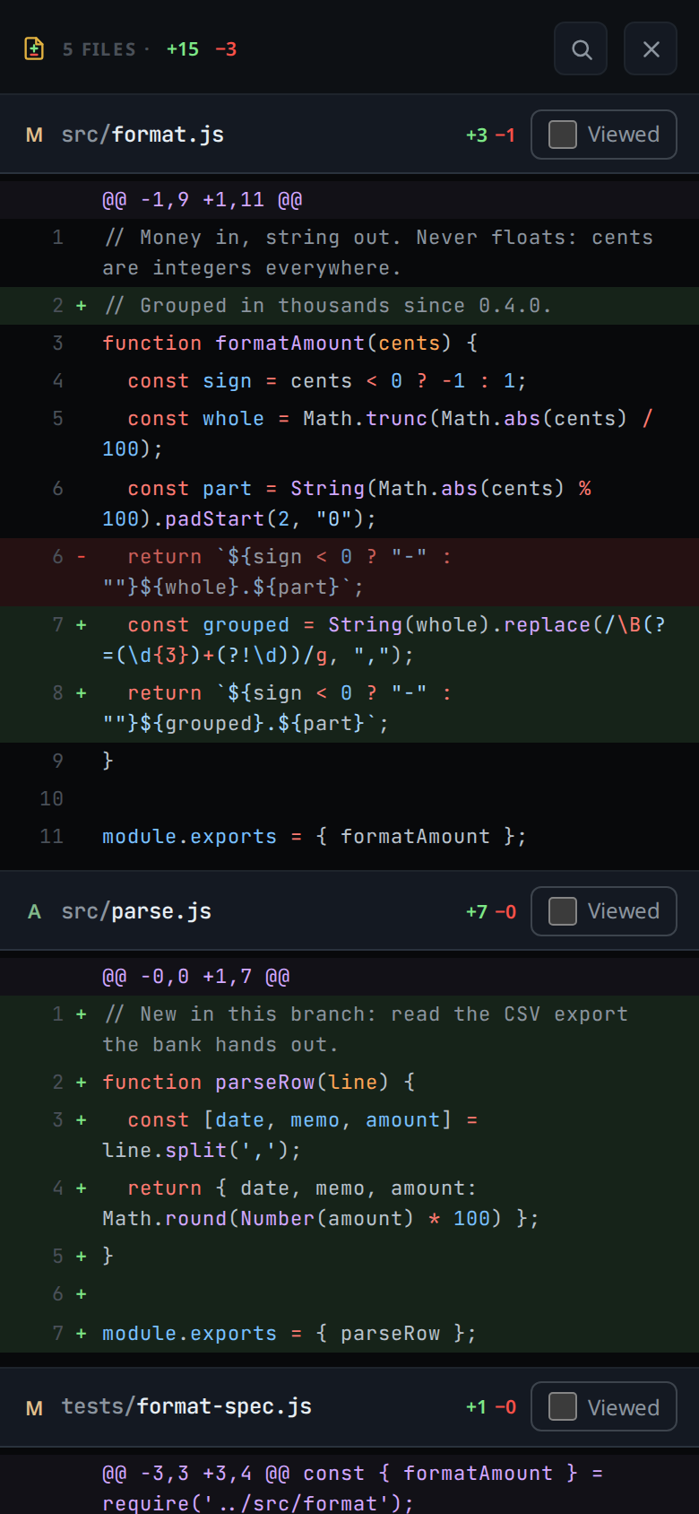 The diff sheet over the thread, src/format.js at the top with its added and removed lines