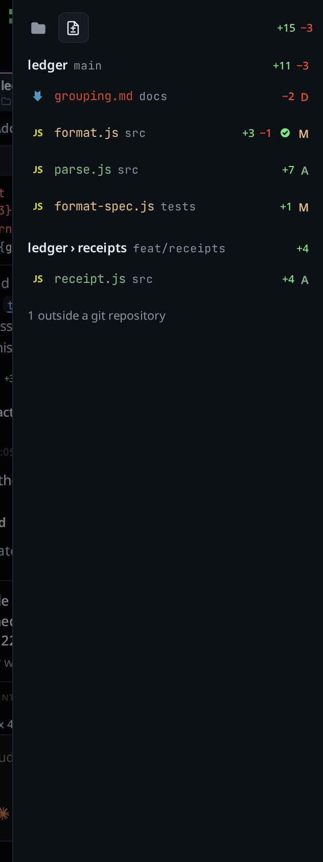 The Changes list with a green done mark beside src/format.js